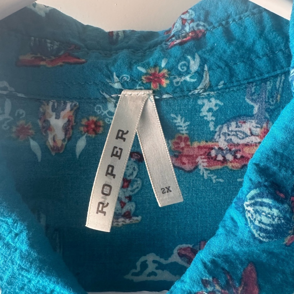 Roper Teal Button Down Shirt with Red and White Accents - Picture 3 of 4